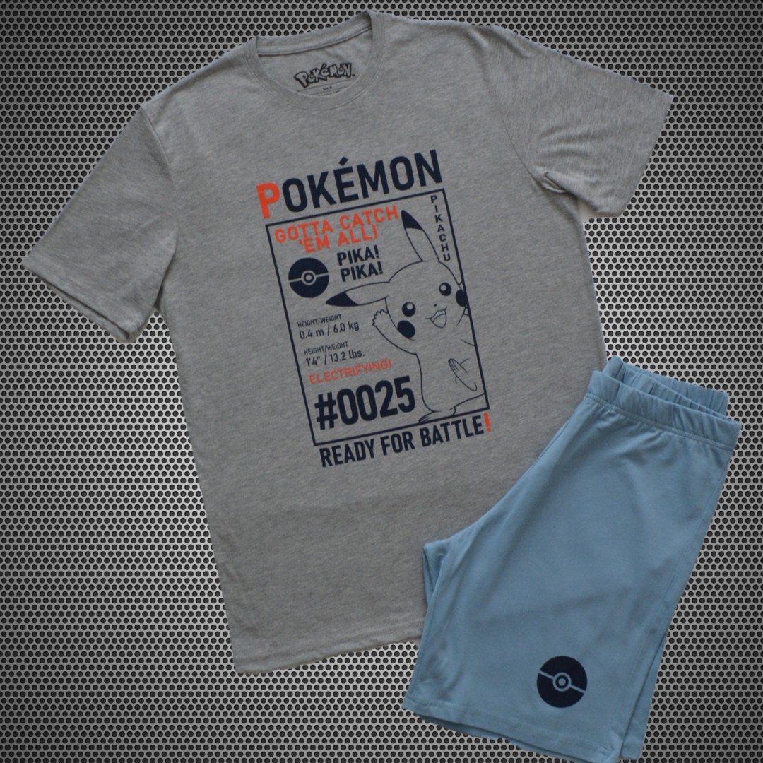 ORİJİNAL POKEMON ERKEK ALT ÜST TİŞÖRT ŞORT PİJAMA TAKIM GRİ-MAVİ 55218