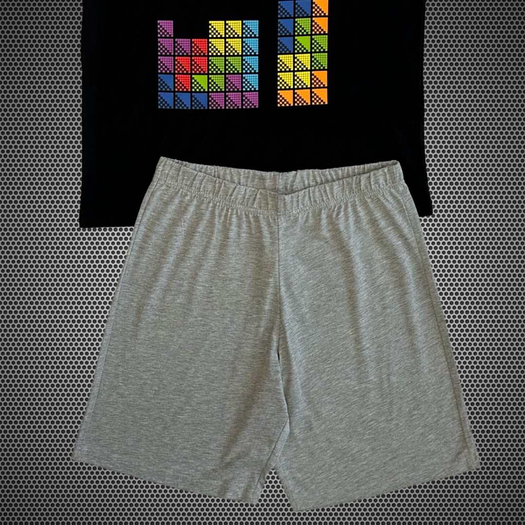 ORİJİNAL TETRİS ERKEK ALT ÜST TİŞÖRT ŞORT PİJAMA TAKIM SİYAH-GRİ 55219