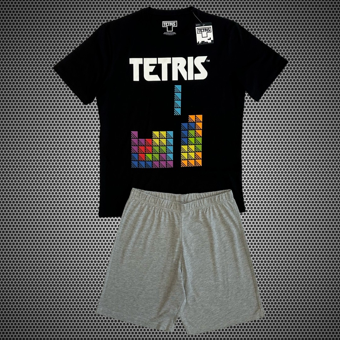 ORİJİNAL TETRİS ERKEK ALT ÜST TİŞÖRT ŞORT PİJAMA TAKIM SİYAH-GRİ 55219